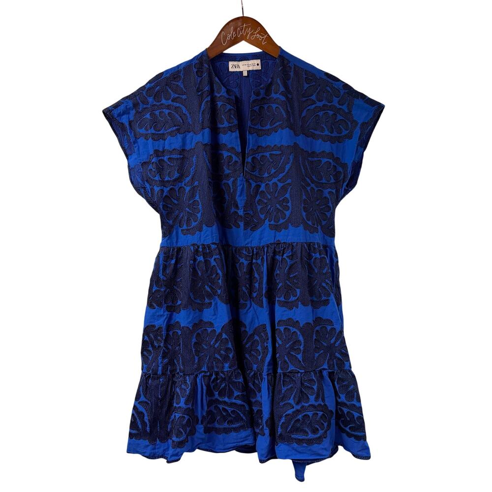 Zara Mini Dress Blue Embroidered Boho 100% Cotton XS Ruffle Tiered Party Casual